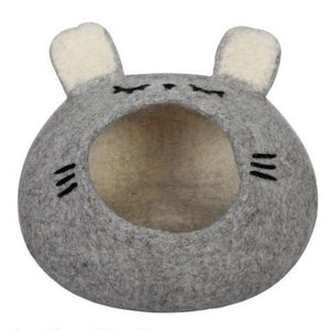 Handmade Wool Felted Cat Cave Sleepy Mouse Gray